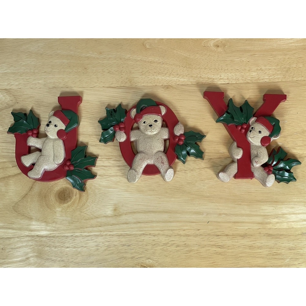 Vtg Homco Christmas JOY 3pc Teddy Bears Wall Hanging Decor Holly Berries